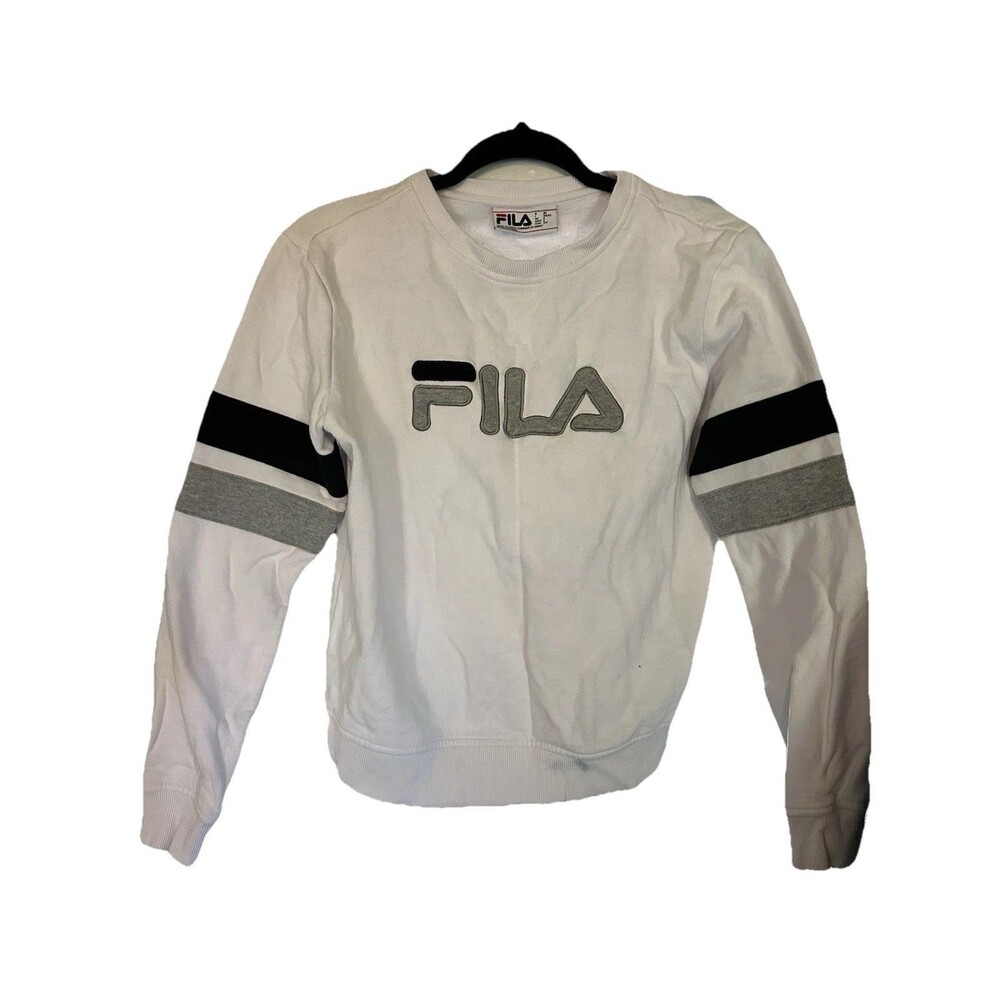 🖤Vintage FILA Cropped Sweatshirt White Pullover Long Sleeve Crew Neck Woman Sz S
